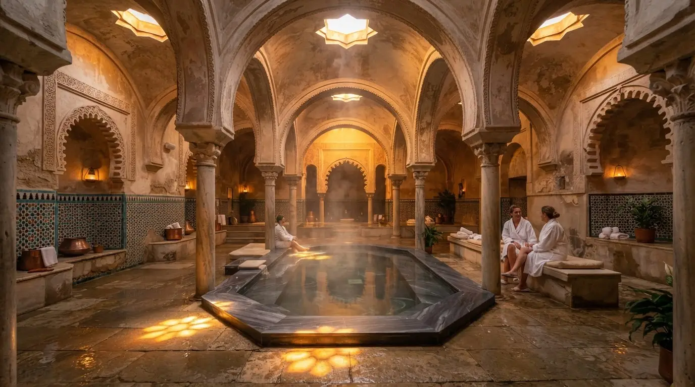 Interior of a restored Islamic hammam in Córdoba at golden hour, star-shaped skylights casting geometric light patterns on stone arches and a shallow pool with steam rising, photorealistic warm amber tones