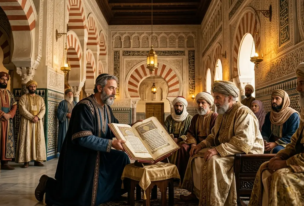 Hasdai ibn Shaprut in Córdoba's Caliphal court, a Jewish scholar in 10th-century Andalusian robes presenting an illuminated Hebrew manuscript to courtiers, golden lamplight on carved stucco arches, photorealistic composition