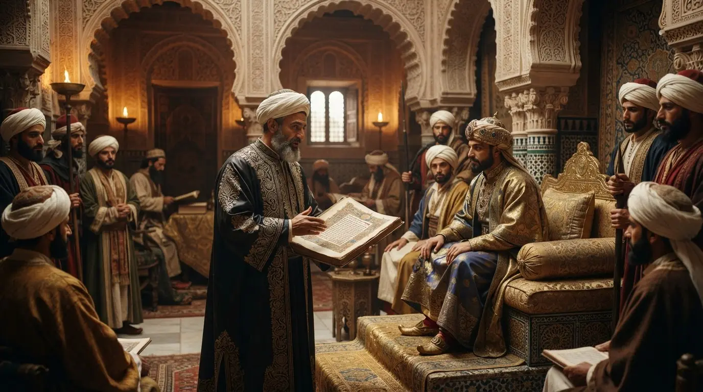 Hasdai ibn Shaprut in Córdoba's Caliphal court, a Jewish scholar in 10th-century Andalusian robes presenting an illuminated Hebrew manuscript to courtiers, golden lamplight on carved stucco arches, photorealistic composition