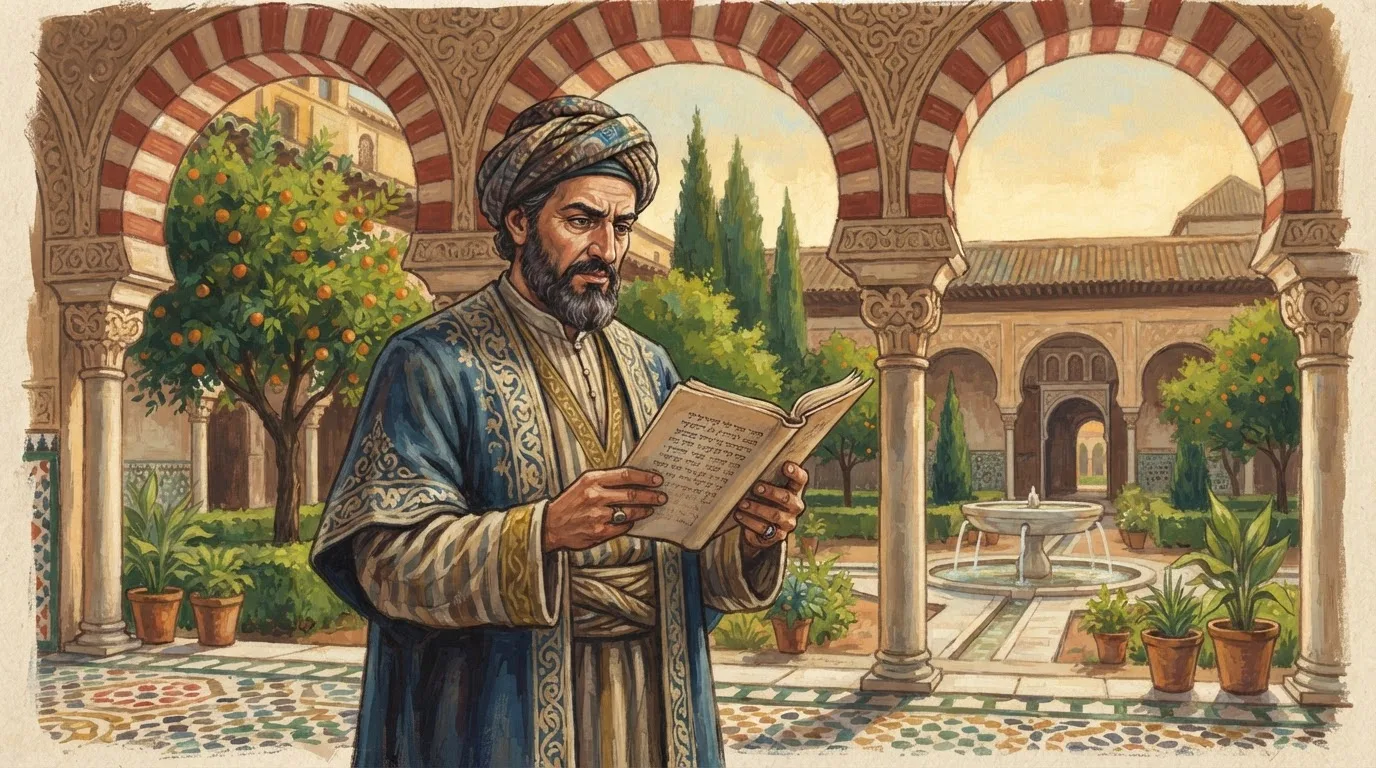 Illustration of Hasdai ibn Shaprut as a 10th-century Andalusian court physician in a long robe and turban, holding a manuscript beneath horseshoe arches