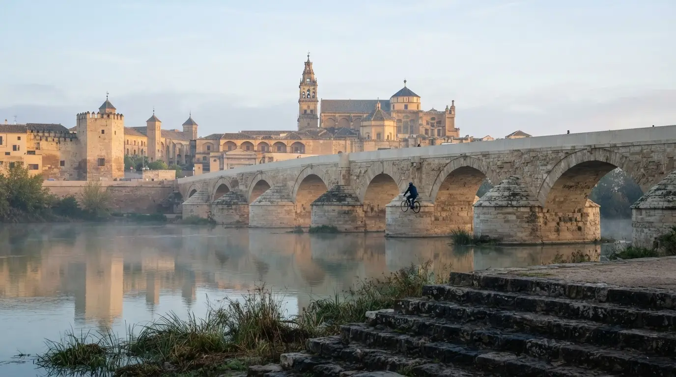 Painterly scene of a young Visigothic prince in plain robes escorted by armed riders along the Guadalquivir at dawn, walled Córdoba in mist behind, hermenegild cordoba leovigild