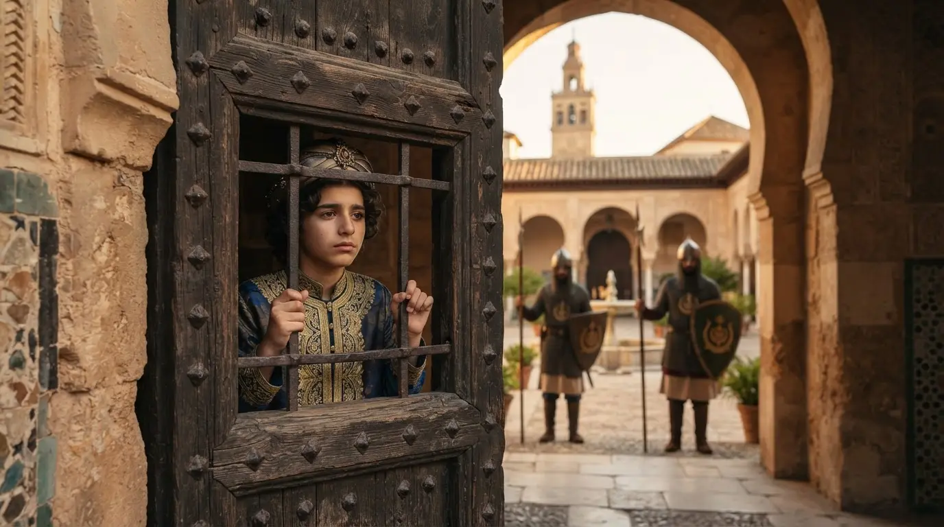 Hisham II of Córdoba, the boy caliph, standing behind the walled gate of his palace where Almanzor's guards kept him isolated, 10th-century Umayyad al-Andalus, golden hour light, historical illustration style