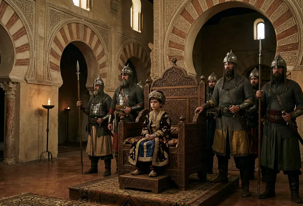 Hisham II of Córdoba, the boy caliph, standing behind the walled gate of his palace where Almanzor's guards kept him isolated, 10th-century Umayyad al-Andalus, golden hour light, historical illustration style