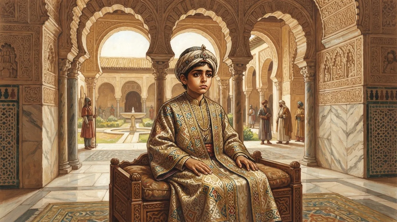 Illustration of Hisham II as a young 10th-century Umayyad caliph in a richly embroidered robe, seated in a palace hall with horseshoe arches and carved stone walls