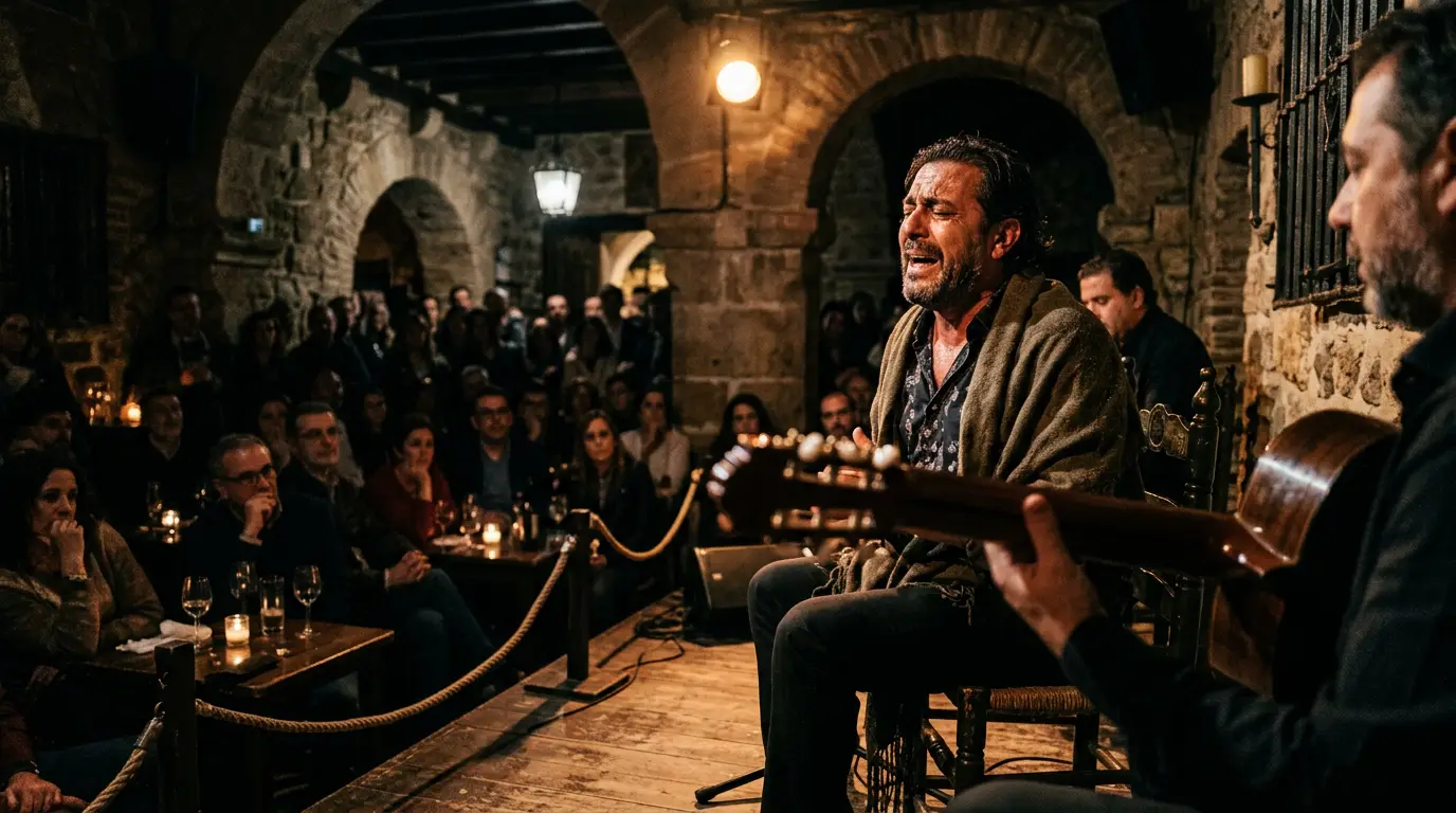 History of flamenco in Cordoba Spain: photorealistic scene of a flamenco singer mid-performance in a dimly lit Córdoba tablao, spotlight on his face, guitar neck and fretboard visible in the foreground, intimate dark venue with stone walls, warm amber lighting