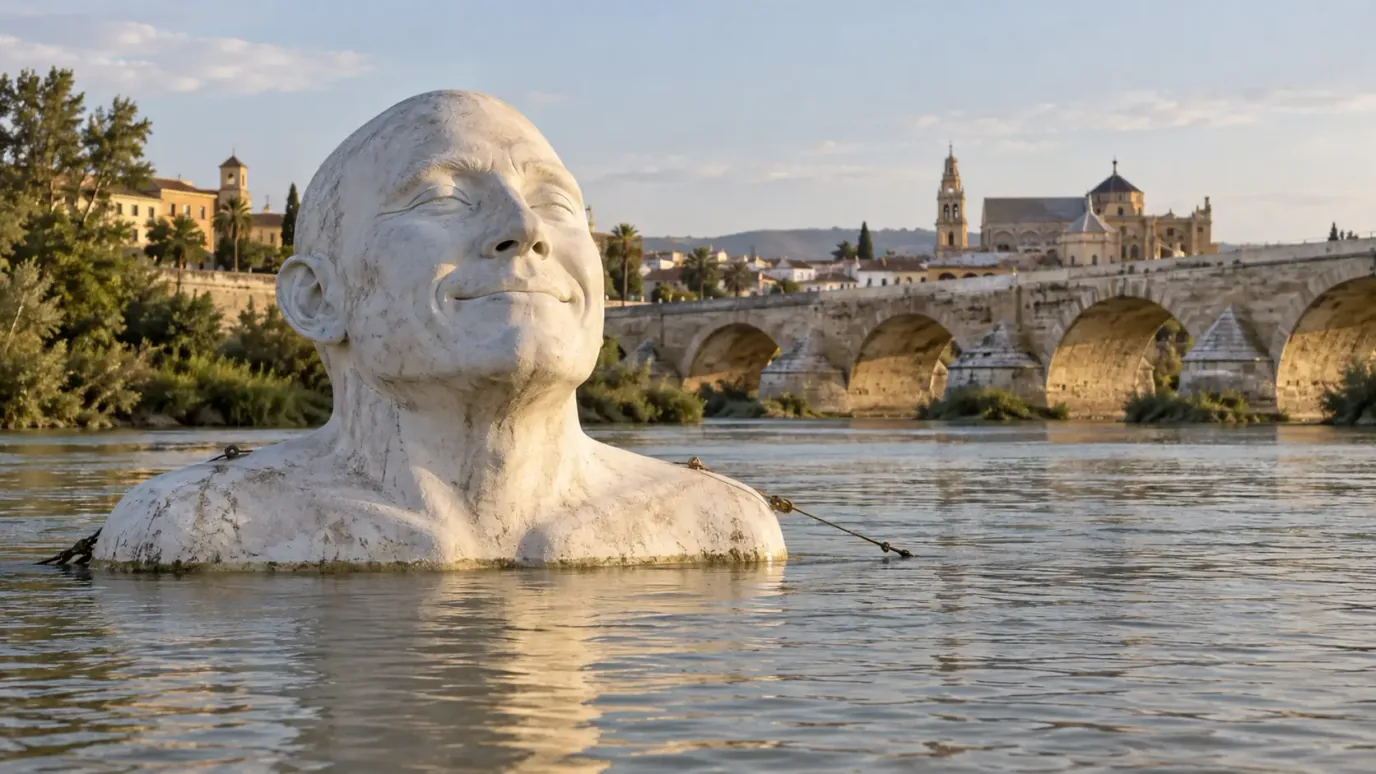 Hombre rio sculpture cordoba floating in the Guadalquivir beside Miraflores Bridge at dawn, white figure against dark water