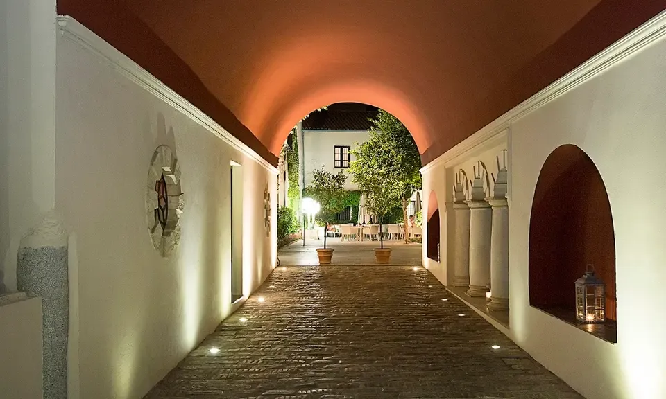 Mosaic patio of Hospes Palacio del Bailío with historic columns
