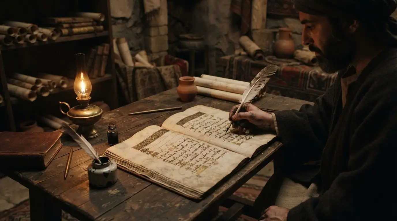 A tenth-century Arabic manuscript and quill on a wooden desk in a dim Umayyad Córdoba scholar's study, warm oil-lamp light, Kufic script visible on vellum, ibn al-qutiyya cordoba historian at work
