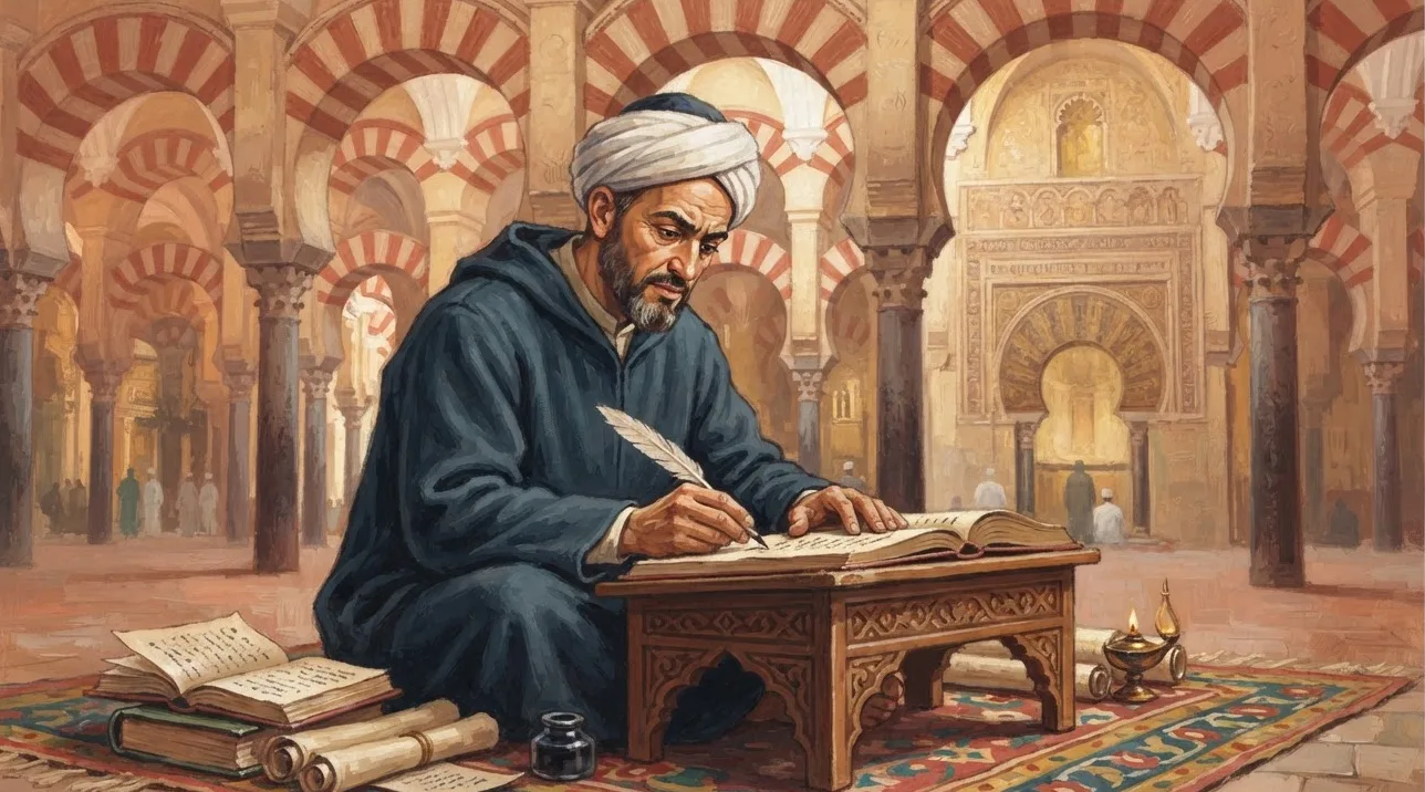 Illustration of Ibn al-Qutiyya, imagined as a bearded scholar in a dark hooded robe and white turban, writing with a quill at a carved low desk among books and scrolls in the Mezquita arches