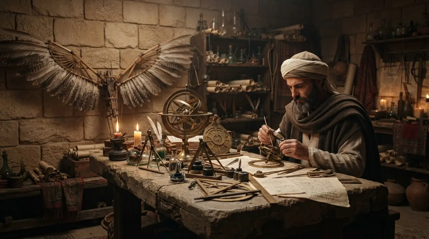 Illustration of Abbas Ibn Firnas Cordoba workshop filled with glass instruments and an armillary sphere, feathered wings resting against a stone wall, warm 9th-century Umayyad candlelight