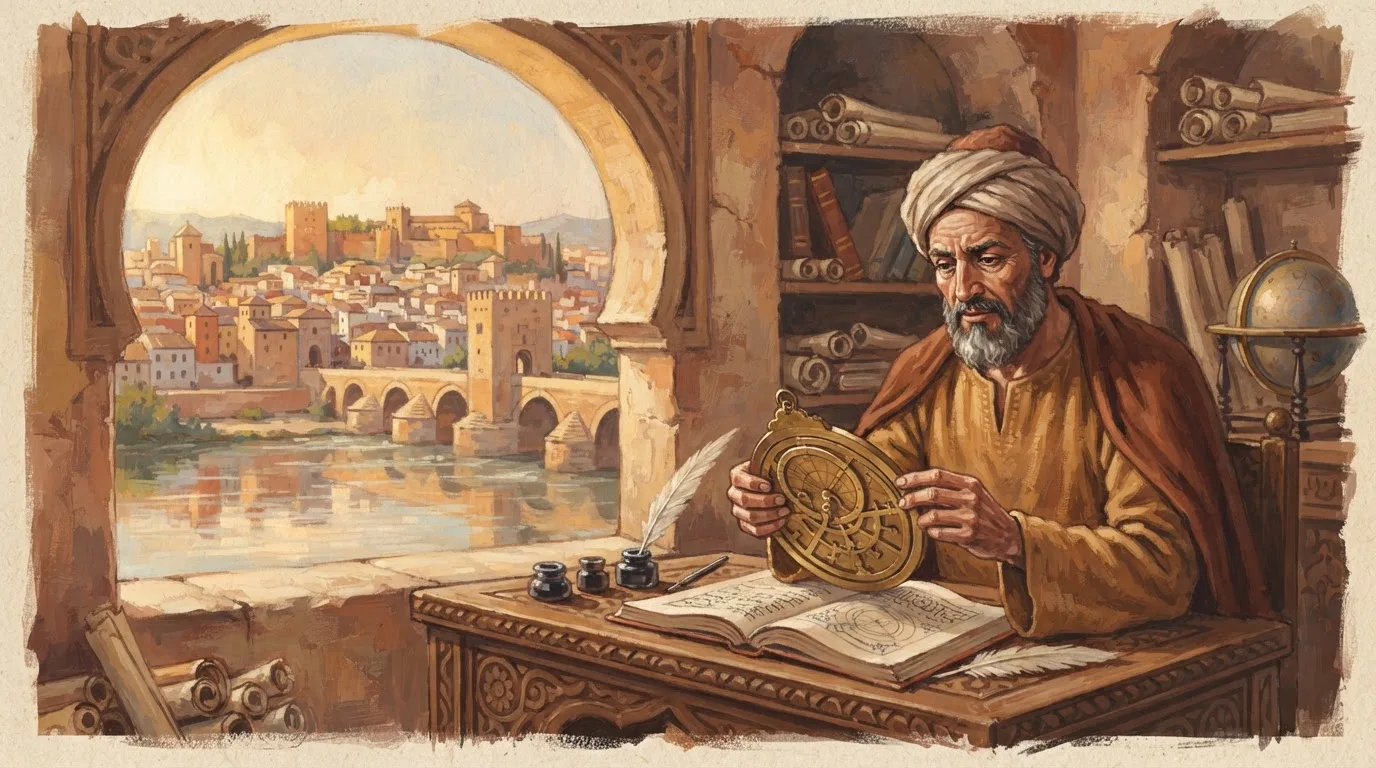 Illustration of Ibn Firnas as a 9th-century Andalusi scholar in a plain robe and turban, studying an instrument beside a window above the Guadalquivir