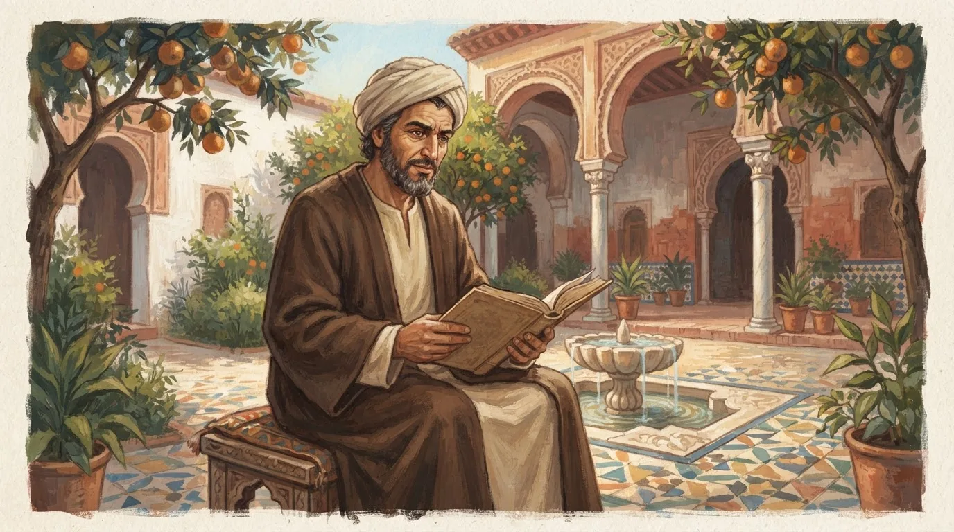Illustration of Ibn Hazm as an 11th-century Andalusi scholar in a plain robe and turban, seated with a manuscript in a sunlit Córdoba courtyard