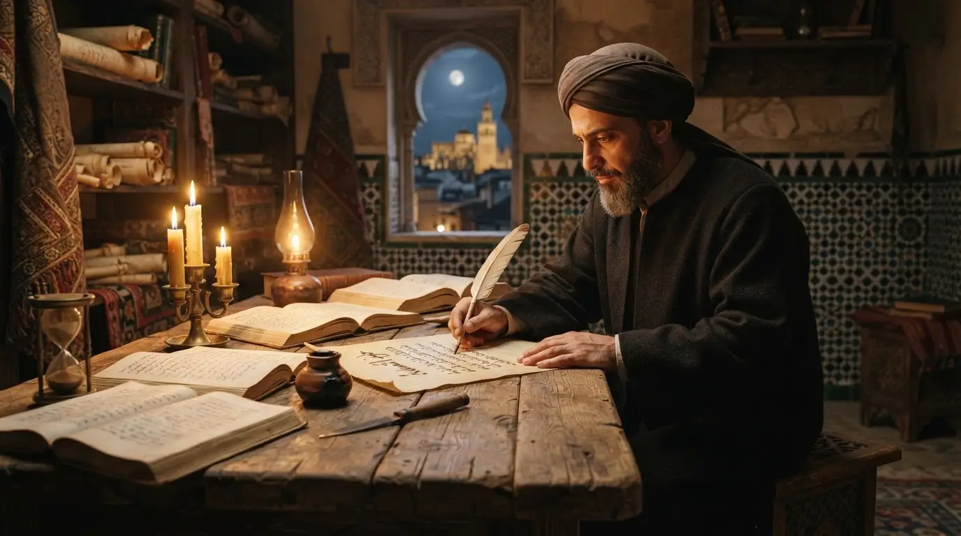 Ibn Hazm writing the Ring of the Dove in medieval Al-Andalus Córdoba, scholar at a candlelit desk with Arabic manuscript and quill, warm ochre tones, photorealistic