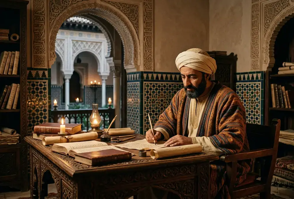 Ibn Hazm writing the Ring of the Dove in medieval Al-Andalus Córdoba, scholar at a candlelit desk with Arabic manuscript and quill, warm ochre tones, photorealistic