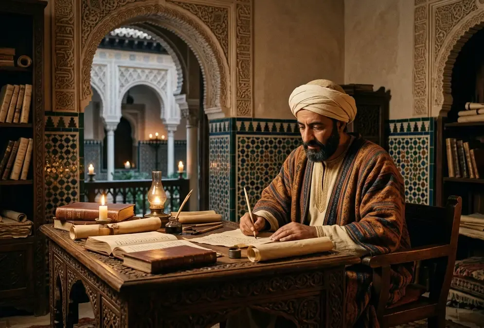 Ibn Hazm writing the Ring of the Dove in medieval Al-Andalus, Córdoba — illuminated manuscript style, scholar at a wooden desk with Arabic calligraphy, warm candlelight