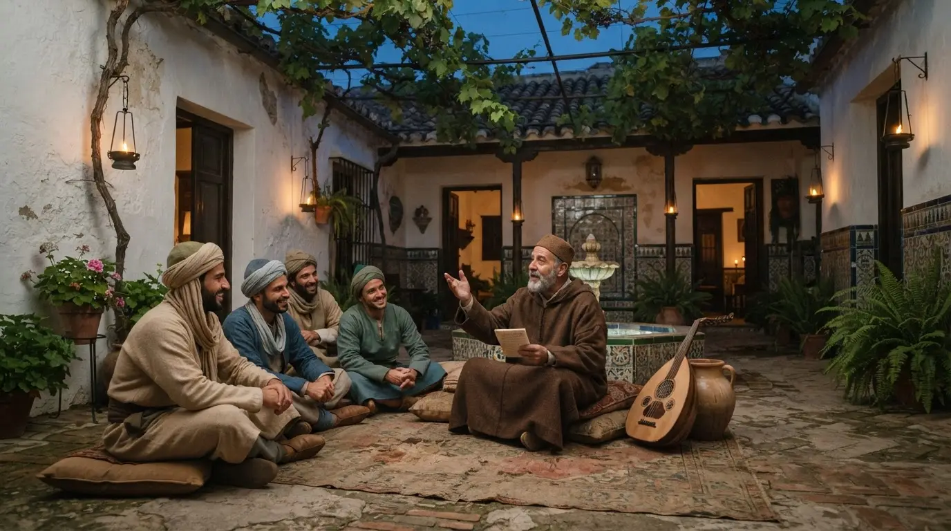 Ibn Quzman, the Córdoba poet, reciting a zajal to a small circle of listeners in a twelfth-century Andalusi courtyard, lamplight on whitewashed walls, a vine trellis overhead