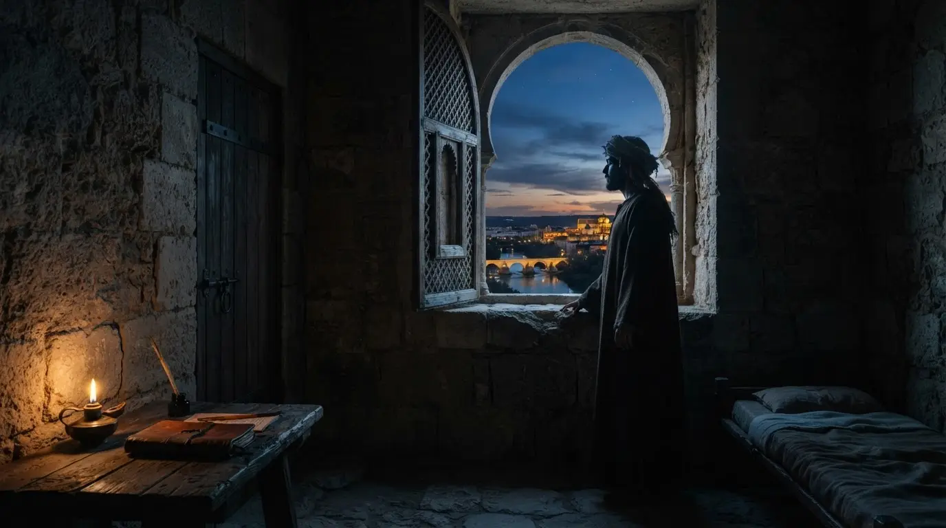 Ibn Zaydún imprisoned in a Córdoba tower cell at dusk, medieval Andalusi stonework, a solitary silhouette gazing through a horseshoe-arched window toward the Guadalquivir, warm lamplight against cold stone shadow
