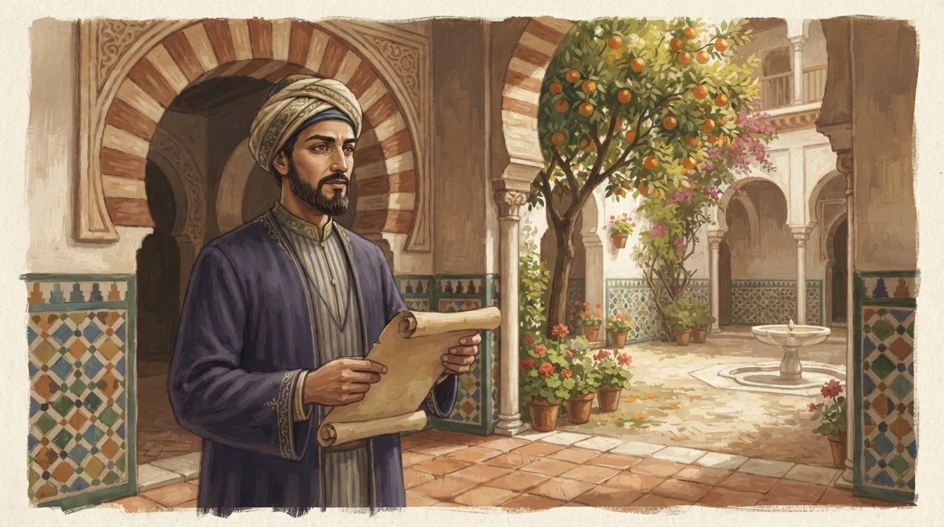 Illustration of a bearded man in a turban and dark blue robe holding a scroll, standing in a sunlit Córdoba courtyard with a horseshoe arch, an orange tree and a fountain