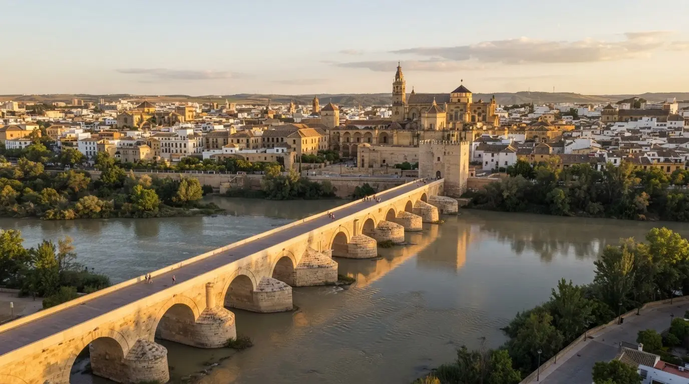 Photorealistic golden-hour view of Córdoba's Roman Bridge and Mezquita-Catedral skyline above the Guadalquivir river, an inland Spain travel destination