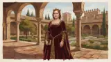 Illustration of Isabella I of Castile as a fair-skinned woman with auburn hair under a gold crown, in a dark red velvet 15th-century court gown, standing in a courtyard with orange trees and crenellated towers of the Alcázar de los Reyes Cristianos in Córdoba