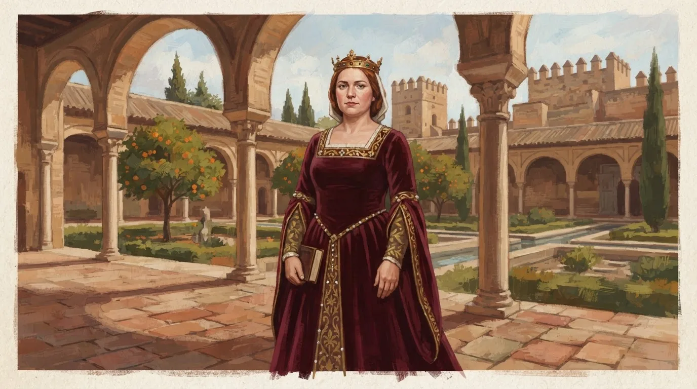 Illustration of Isabella I of Castile as a fair-skinned woman with auburn hair under a gold crown, in a dark red velvet 15th-century court gown, standing in a courtyard with orange trees and crenellated towers of the Alcázar de los Reyes Cristianos in Córdoba