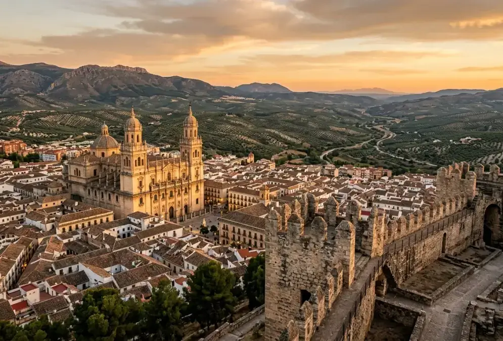 Jaén Cathedral with Santa Catalina castle on the hill above the rooftops