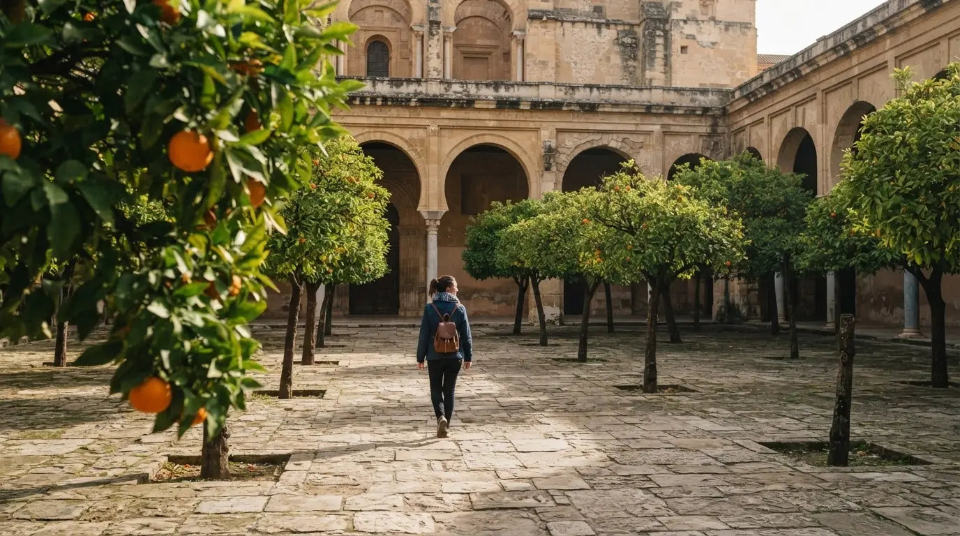Patio de los Naranjos of the Mezquita-Catedral of Córdoba in morning light, a Roman milestone on a plinth by the arcade, evoking the temple of Janus Cordoba Mezquita myth