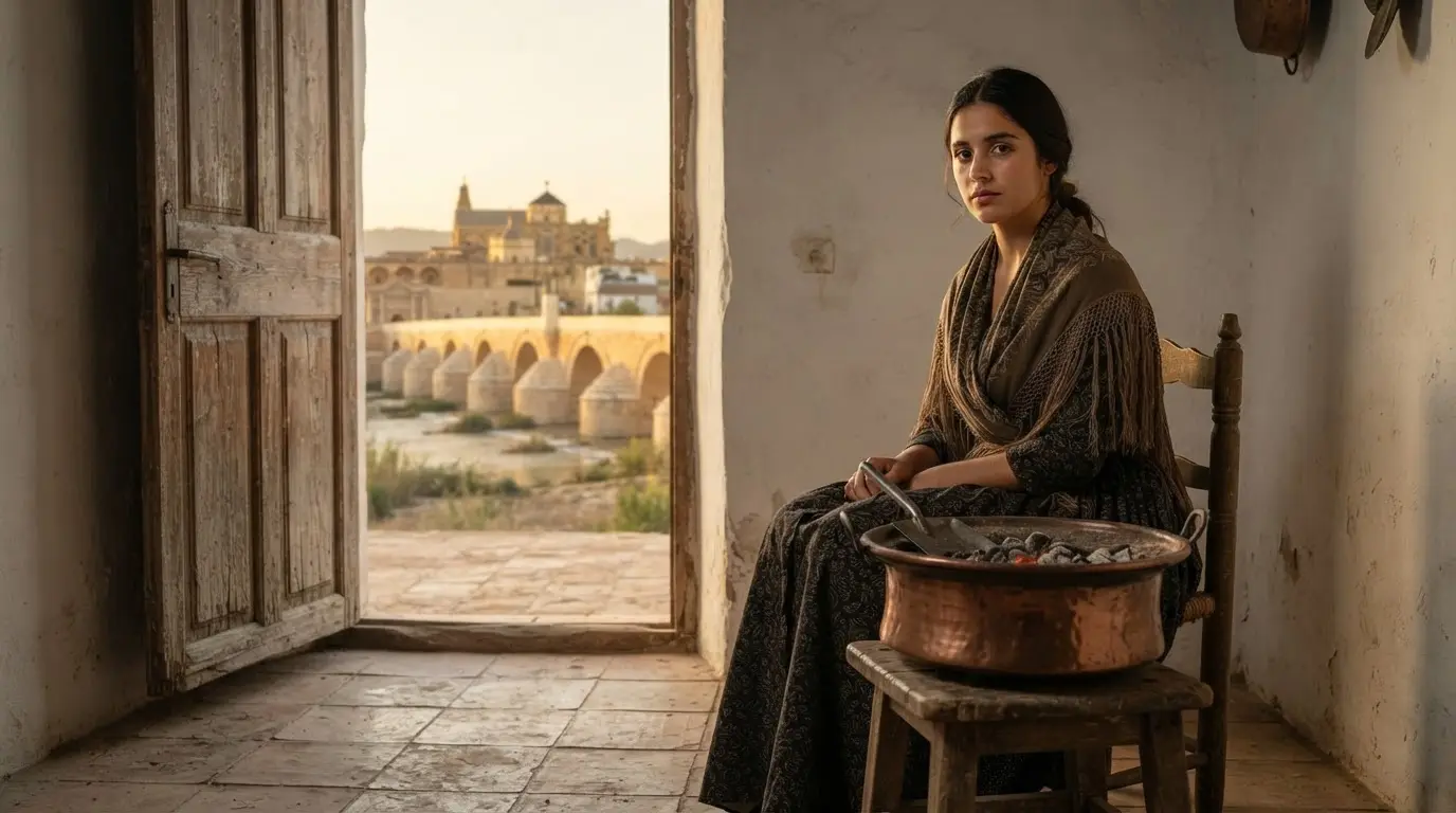 La Chiquita Piconera by Julio Romero de Torres (1930), oil painting of a young Cordoban woman seated by a brazier with Córdoba's Roman Bridge and river visible through a half-open door behind her, photorealistic scene with honey-toned light