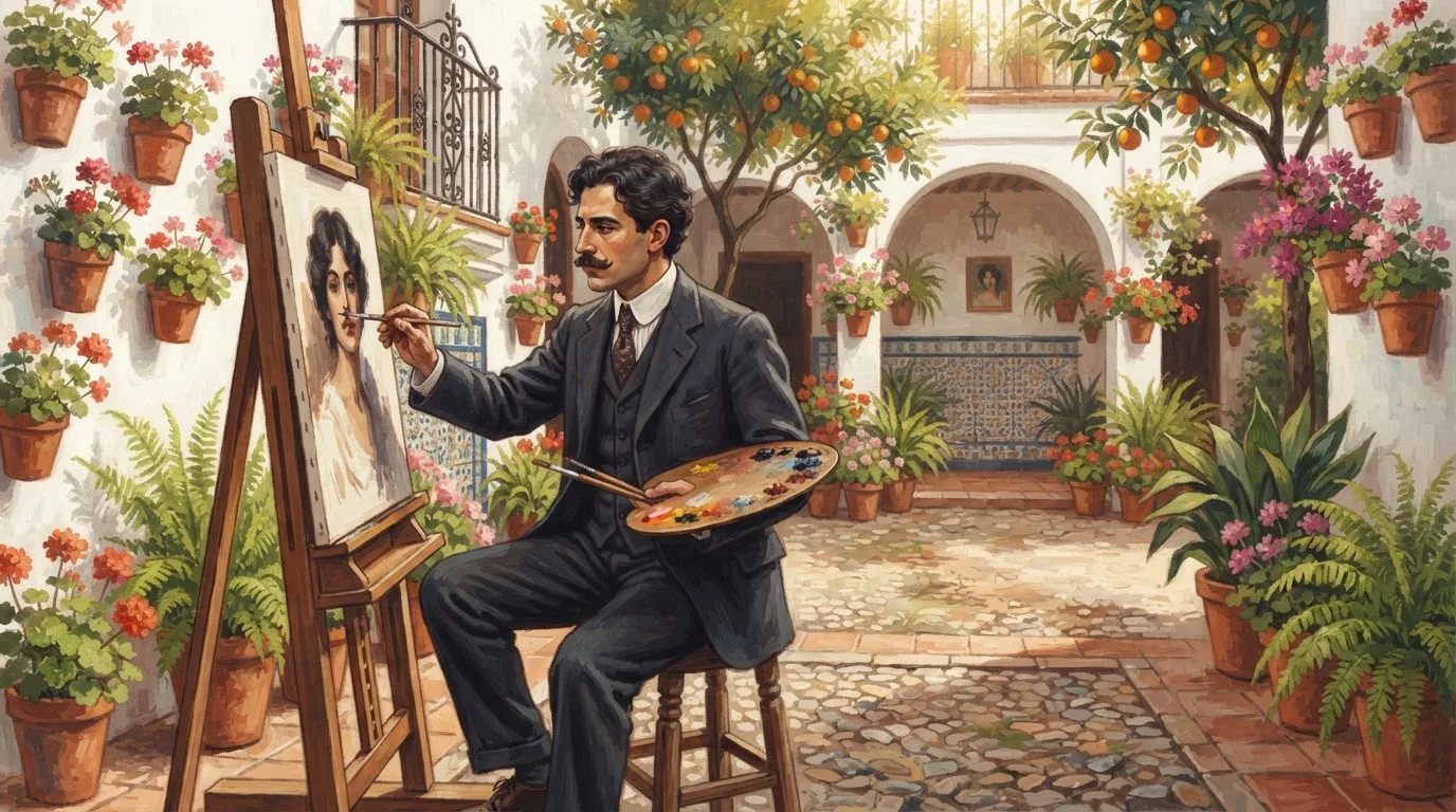Illustration of a mustachioed, dark-haired man in a dark early twentieth-century suit and tie, seated at an easel painting a woman's portrait in a sunlit whitewashed Córdoba courtyard with orange trees and potted geraniums