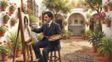 Illustration of a mustachioed, dark-haired man in a dark early twentieth-century suit and tie, seated at an easel painting a woman's portrait in a sunlit whitewashed Córdoba courtyard with orange trees and potted geraniums