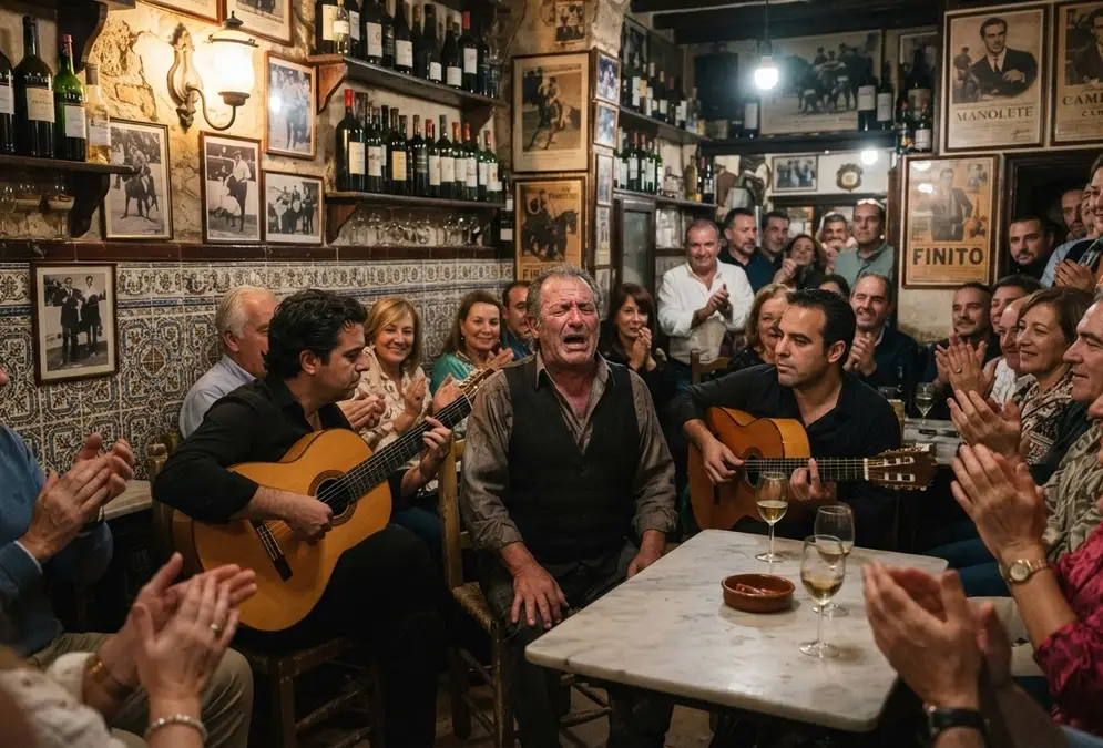 Guitarist and singer performing spontaneous flamenco inside a crowded historic taberna in Córdoba