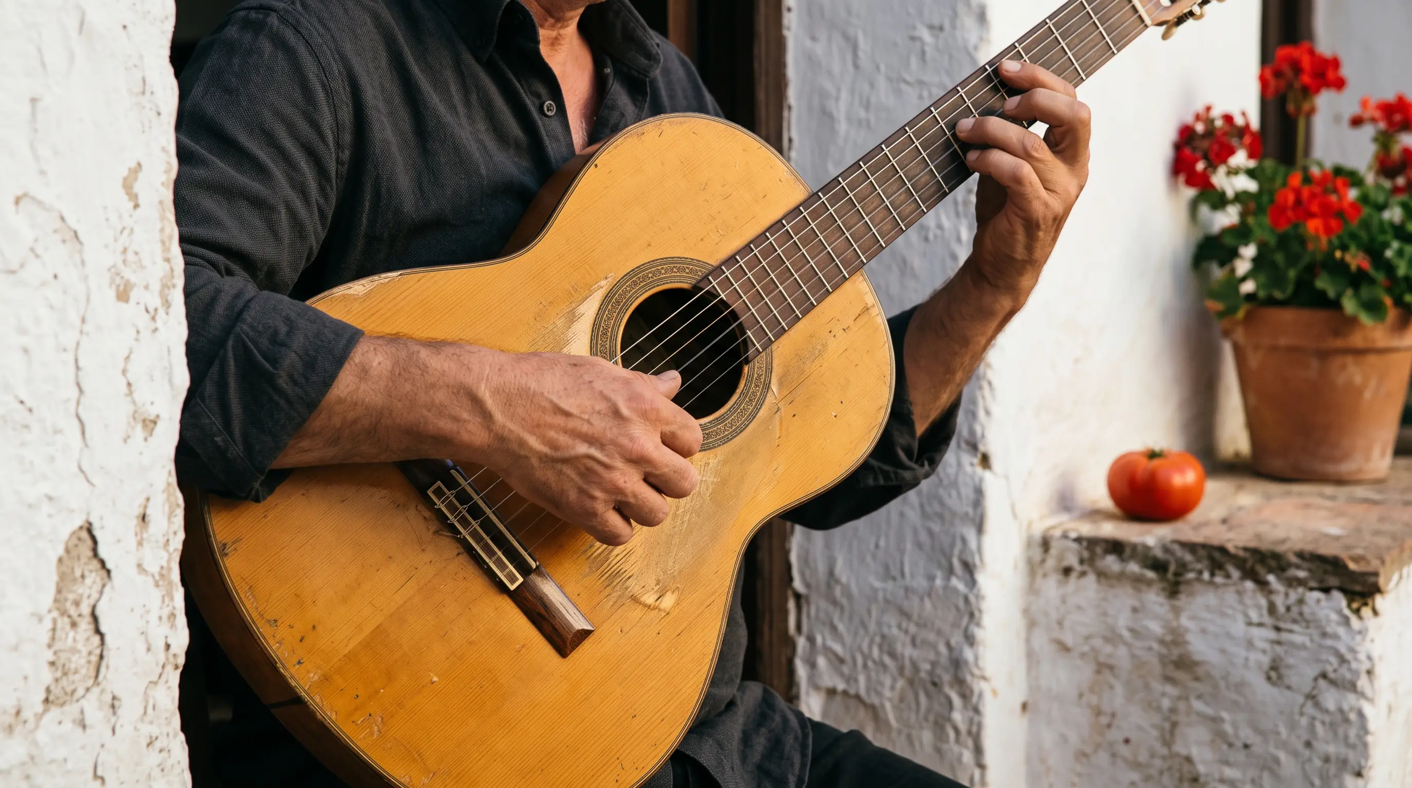 Aserejé meaning Las Ketchup: close-up of a man's hands playing a worn flamenco guitar in a whitewashed Córdoba courtyard doorway, a red tomato and a pot of red geraniums on the stone sill, warm late-afternoon light