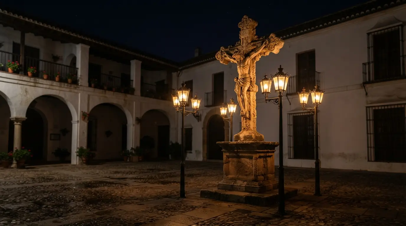 Nighttime photo capturing the legend of Cristo de los Faroles Cordoba locals tell, showing the crucifix in Plaza de los Capuchinos ringed by eight lit wrought-iron lanterns against a dark blue sky