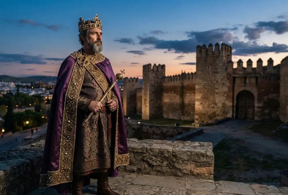 Illustration of Leovigild as a sixth-century Visigothic king in a purple mantle and gold crown, holding a sceptre, with the walls of Córdoba behind him at dusk