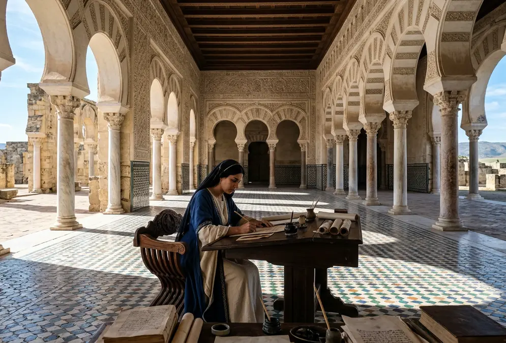 Reconstructed marble reception hall at Medina Azahara palace ruins near Córdoba, Spain, sunlight casting sharp shadows across carved stone columns and geometric floor tiles where Lubna of Córdoba worked as palace secretary in the 10th century