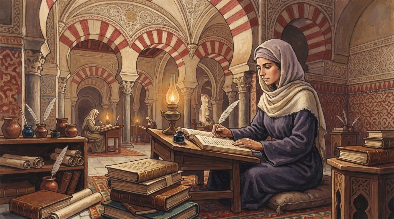 Illustration of Lubna of Córdoba as a 10th-century Umayyad court scribe in a plain linen robe and veil, seated at a low desk with manuscripts beneath horseshoe arches