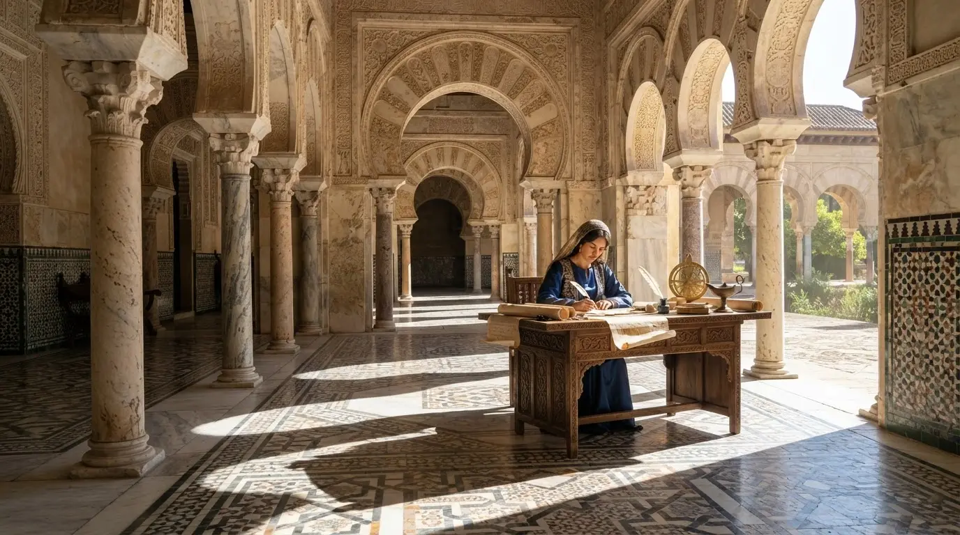 Reconstructed marble reception hall at Medina Azahara palace ruins near Córdoba, Spain, sunlight casting sharp shadows across carved stone columns and geometric floor tiles where Lubna of Córdoba worked as palace secretary in the 10th century