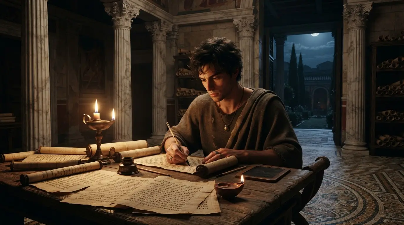 A young Roman poet writing by candlelight in a marble-columned Roman study, papyrus scrolls open on a table, dramatic chiaroscuro shadows, classical Cordoban Roman setting, photorealistic, lucan poet cordoba