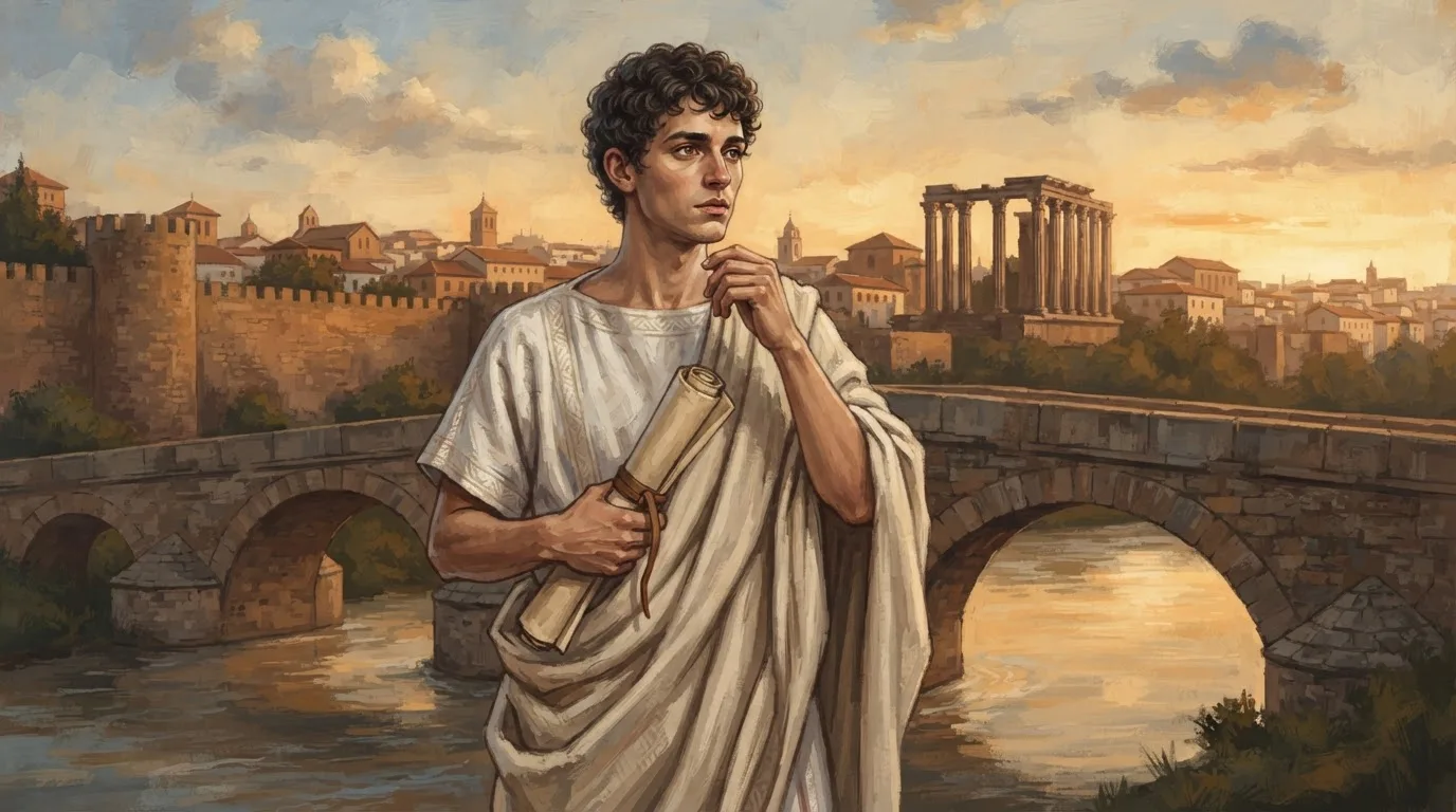 Illustration of a young curly-haired man in a white Roman tunic and toga holding a scroll, standing before an arched stone bridge over a river, with a walled city and a columned Roman temple glowing in golden evening light