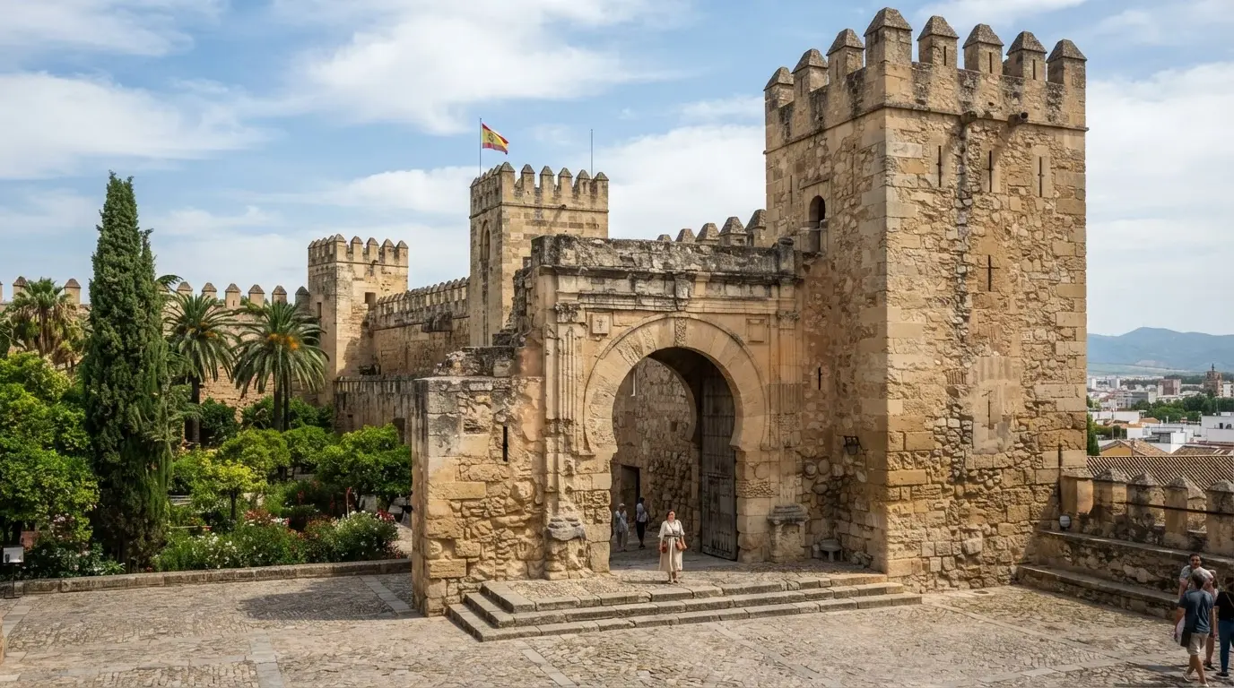 Stone archway and towers of the Alcázar de los Reyes Cristianos in Córdoba, the fortress that served as headquarters of the Inquisition tribunal under inquisitor Lucero