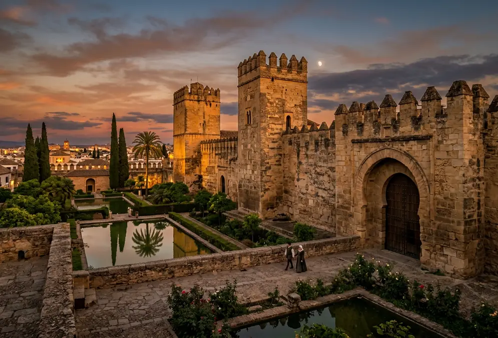 Stone archway and towers of the Alcázar de los Reyes Cristianos in Córdoba, the fortress that served as headquarters of the Inquisition tribunal under inquisitor Lucero