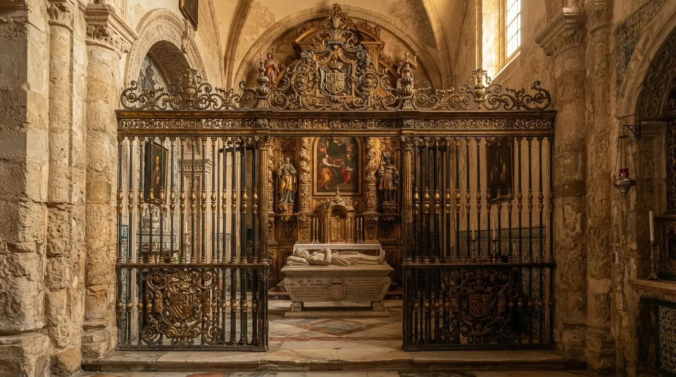 Baroque chapel interior in the Mezquita-Catedral of Córdoba showing the iron grille of the Capilla de San Esteban y San Bartolomé, burial place of luis de góngora, warm stone walls in golden side-light
