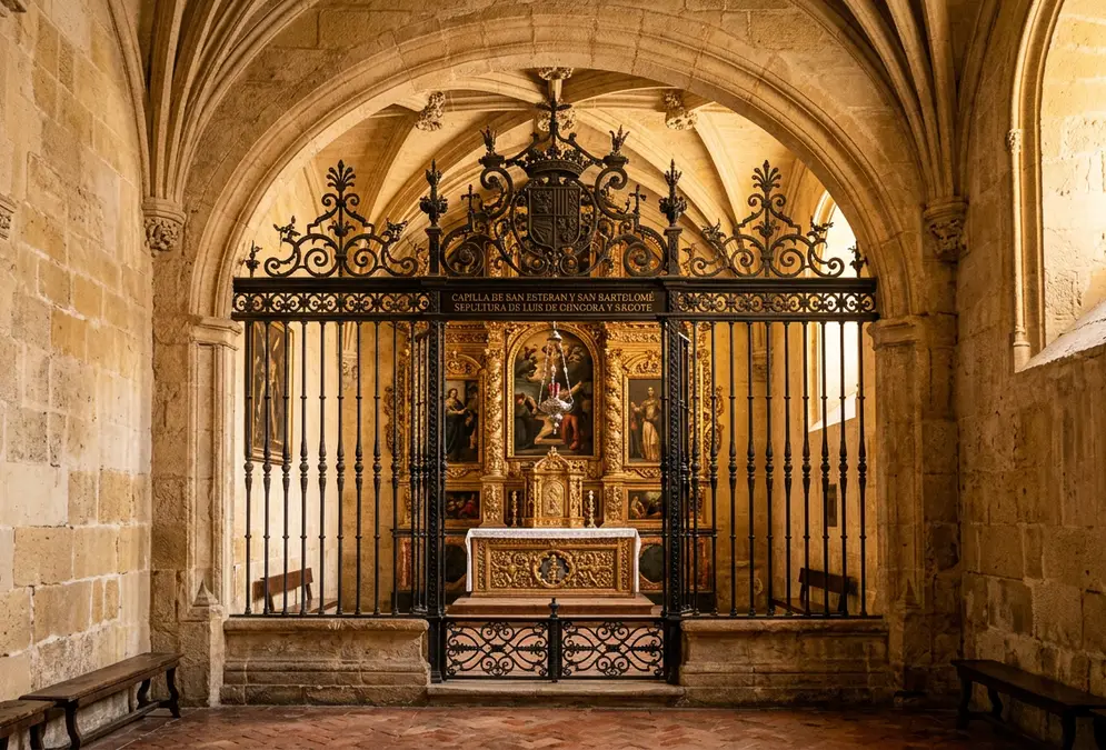 Baroque chapel interior in the Mezquita-Catedral of Córdoba showing the iron grille of the Capilla de San Esteban y San Bartolomé, burial place of luis de góngora, warm stone walls in golden side-light