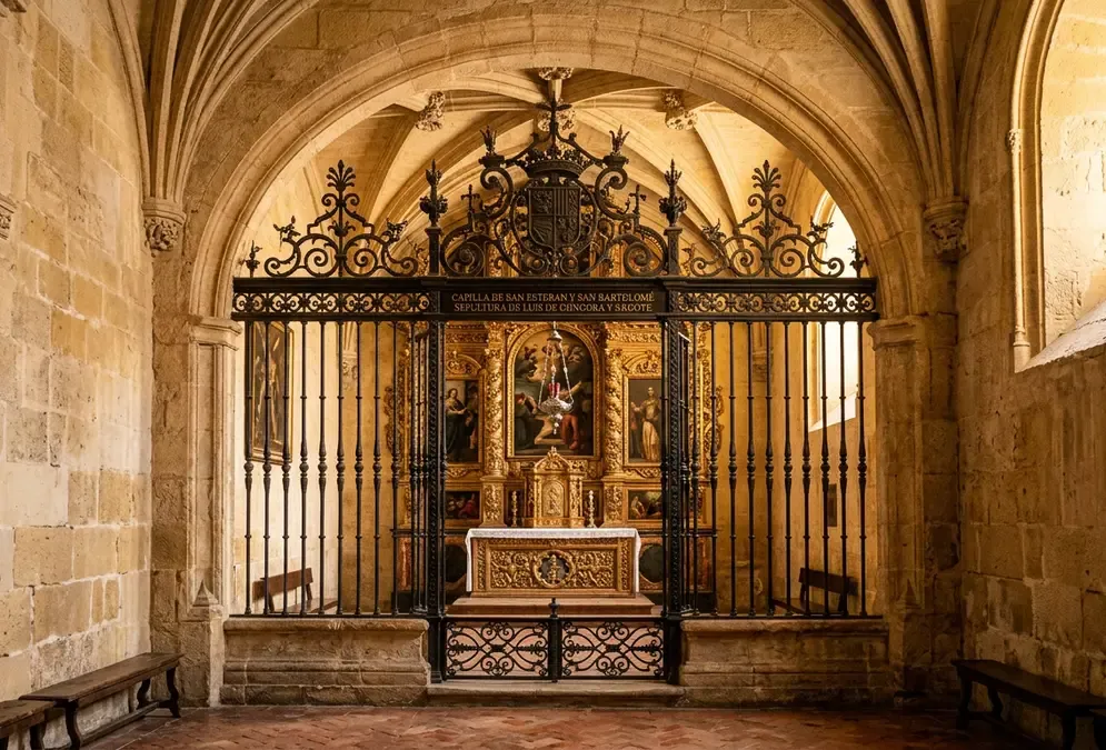 Interior of the Mezquita-Catedral of Córdoba showing the Capilla de San Esteban y San Bartolomé with its iron grille and stone walls, burial site of Luis de Góngora the Baroque poet
