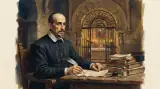 Illustration of a seventeenth-century Spanish priest with a moustache and pointed beard, in a black cassock and white collar, seated at a wooden desk with a quill and a stack of books, a stone chapel arch with an iron grille and lit candles behind him