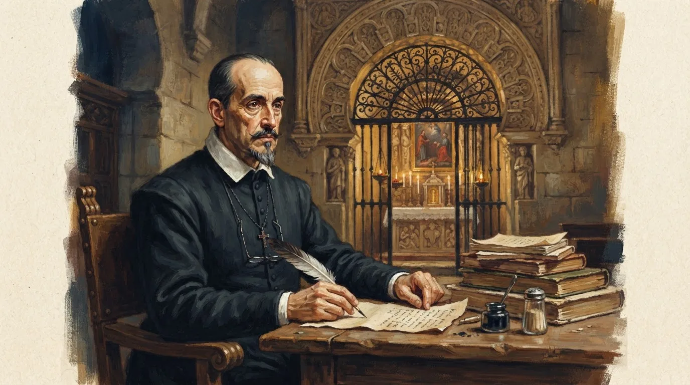 Illustration of a seventeenth-century Spanish priest with a moustache and pointed beard, in a black cassock and white collar, seated at a wooden desk with a quill and a stack of books, a stone chapel arch with an iron grille and lit candles behind him
