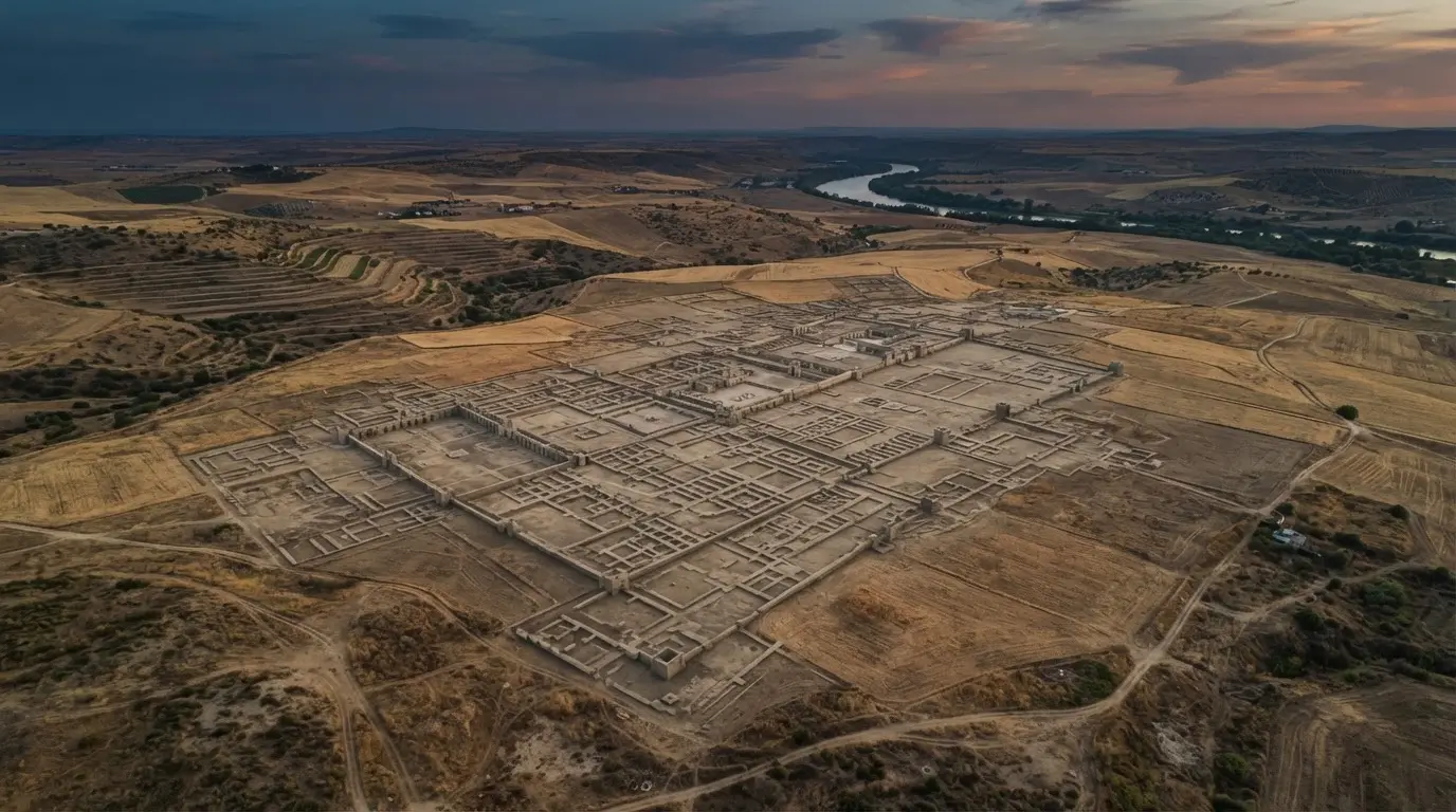 Golden-hour aerial view of Andalusian farmland near Alcolea, Córdoba, with a faint ghostly grid of ancient buried walls glowing beneath the soil, an artistic illustration of the LiDAR-revealed site of Almanzor's lost capital Madinat al-Zahira