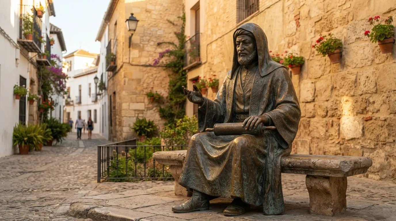Bronze statue of Maimonides seated in scholarly robes in Plaza de Tiberiades, Córdoba's Judería, warm afternoon light on ochre stone walls, photorealistic composition