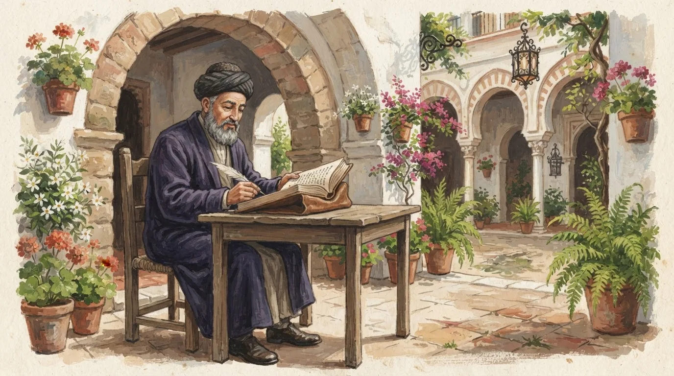 Illustration of Maimonides as a medieval Andalusian Jewish scholar-physician in a long dark robe and dark turban-style cap, writing at a wooden table with a quill and an open book in a sunlit Córdoba courtyard