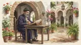 Illustration of Maimonides as a medieval Andalusian Jewish scholar-physician in a long dark robe and dark turban-style cap, writing at a wooden table with a quill and an open book in a sunlit Córdoba courtyard